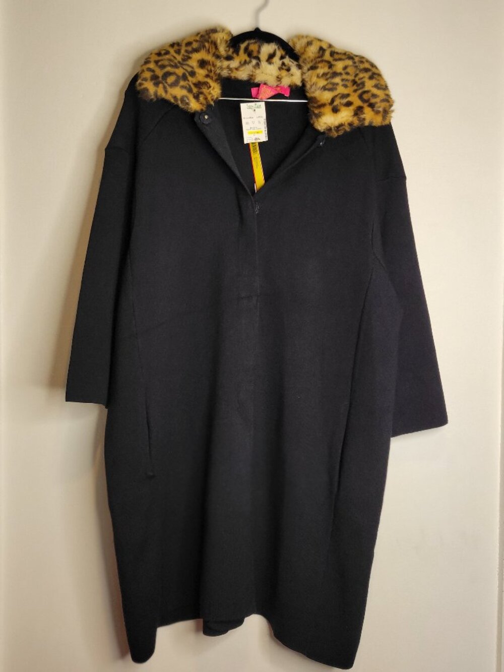 Relaxed Elegant Black Coat Jacket Faux Fur Leopard Print Collar Women Size L